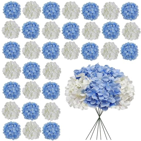 Hortensias artificiales de color blanco y azul a granel, 30 piezas de flores de hortensia sintética, flores artificiales de hortensia de seda con tallos, flores blancas y azules artificiales para