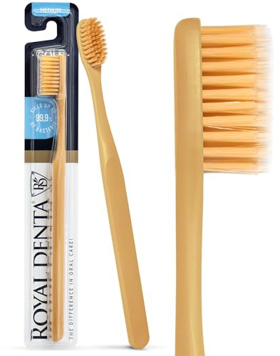 Royal Denta Manual Toothbrush, Medium Hard Firm Bristles for Adults, Dual Length Gold Infused Plaque Removing Tooth Brush, Soft on Gums & Teeth, Made in Korea (Yellow)