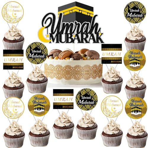 OIODDYY 13 Schwarz-Gold Cupcake-Topper-Set FüR Ramadan, Eid & Umrah Mubarak – Muffin- Und Cake-Dekoration Mit Umrah Mubarak-Design – Muslimische Party-Deko FüR Festlichkeiten