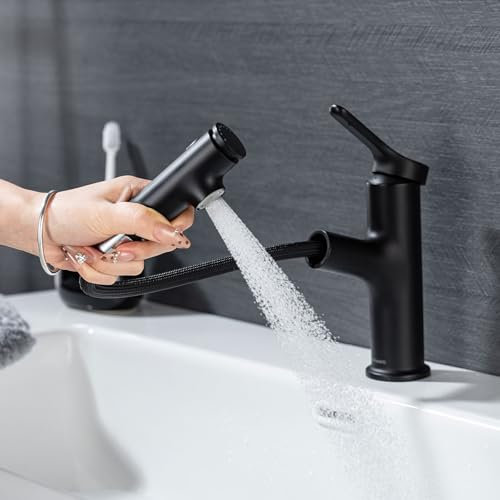 LakeBayMZC Waschtischarmatur mit Ausziehbar Brause Wasserhahn Bad,Einhebelmischer Badarmatur Waschbeckenarmatur für Aufsatzwaschbecken mit 3 Wasserstrahlarten Brause,Schwarz Matt