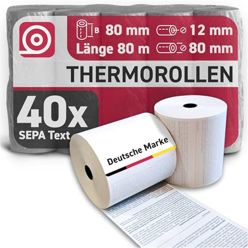 Gebongt24 Thermorollen 80 mm x 80 m x 12 mm 48g/m² – mit SEPA-Lastschrifttext – hochwertige Bonrollen aus BPA-freiem Thermopapier – 40 Kassenrollen mit ⌀ 72 mm für Kassen mit EC-Cash-Anbindung