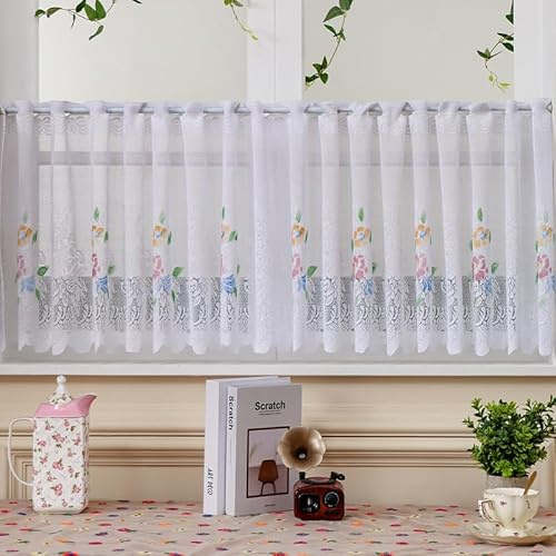 Daliena Jacquard Scheibengardine Spitze Kurzgardine BxH180x50cm Weiß 1Stück | Gardinen Landhausstil Blumenmuster, Küchengardine Lichtdurchlässig Kleiner Fenstervorhang, Modern Bistrogardine mit Durchzug