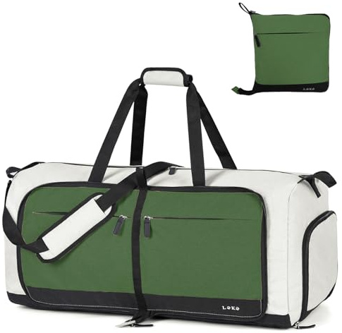 Lekesky Reisetasche Damen 80L Faltbare Reisetasche Weekender Sporttasche mit Schuhfach, wasserdichte Handgepäck Tasche/Sporttasche/Krankenhaustasche (Beige mit Grün