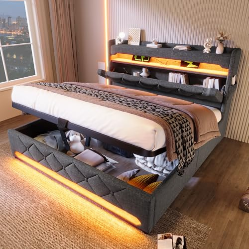 Polsterbett Doppelbett 180x200, LED Hydraulisches Bett Stauraumbett Jugendbett Funktionsbett Bettgestell mit Stauraum&Lattenrost, Stauraum Kopfteil mit USB Type-C Aufladen, Leinen, Ohne Matratze, Grau