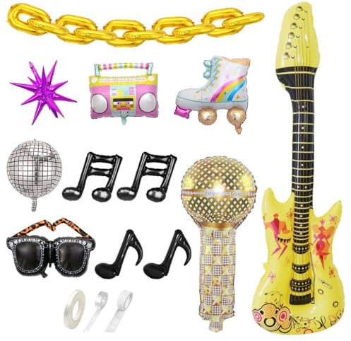 22 Stück Disco -Luftballons, 1 Stück Mikrofonballon Und 1 Stück Gitarrenballon, Musikalischem Ballon, Kreatives Aufblasbares Spielzeug, Accessoires Für Geburtstagsfeier.