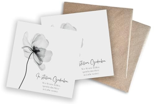 WBdesignz 2er-Set Trauerkarten „In stillem Gedenken“ mit Umschlägen - stilvolle Kondolenzkarten mit zarter Blüte – Trauerkarten Spruch - Beerdigung Anteilnahme Trauer Abschied (125 125 mm)