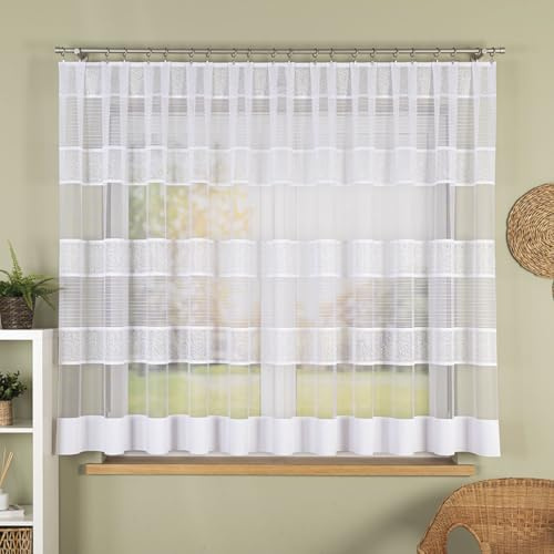 Gardinen Vorhangen Weiß Jacquard 300x180 cm (BxH) Passos New Kurze Lange Horizontalen Streifen Kräuselband Fertiggardine Umsäumte Seiten