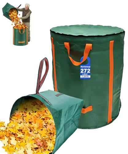 Gartenabfallsack Set 272L + 150L Laubsack mit Deckel, Selbststehend durch 4 Fiberglas Stützstangen, Wiederverwendbar & Faltbar, Wasserdicht & Reißfest, Laubaufnahme ohne Bücken