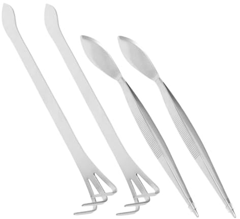 AKOOSY 4 pièces Set Outils Bonsaï Inoxydable avec Pinces Longues Râteau Spatule pour Entretien Plantes Grasses et Terrariums Outils Jardinage Petits Adaptés Débutants et Amateurs