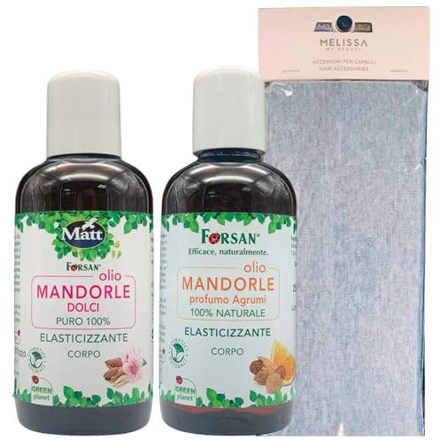 SET OLIO DI MANDORLE ELASTICIZZANTE CORPO: Olio di Mandorle Dolci 250ml + Olio Di Mandorle Profumo Agrumi 250ml + Fascia Per Capelli (Colori Assortiti)