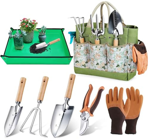 Nzkeuf Juego de Herramientas de Jardinería, 7 Piezas Kit de Jardinería Adulto de Acero Inoxidable, Bolsa de Jardín, Tijeras Podar,Pala Jardinería, Guantes etc, Regalos para Mujeres y Hombres