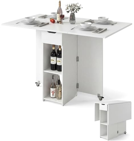 COSTWAY Tavolo da Pranzo Pieghevole, Tavolo Salvaspazio per 4-6 Persone con 2 Ripiani, Cassetto e Ruote a Freno, Tavolino Cucina per Soggiorno, Cucina e Ufficio (Bianco, 42-120 x 72 x 75 cm)