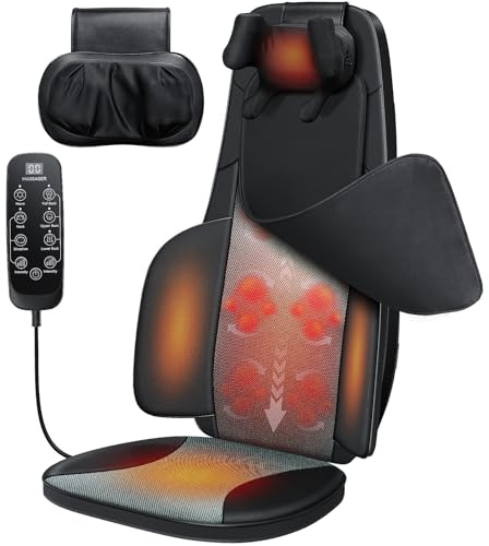 RQH Neck and Back Massager for Office Chair with Heat, Shiatsu Shoulder Massage Seat Cushion Pad, 2 Removable Neck Heads, Full Back Deep Tissue Kneading & Rolling, Height Adjustable, Home Use, Black