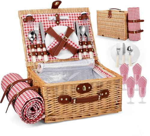 Cesta de Picnic Mimbre para 4 Personas, Cesta Trenzada a Mano con Aislamiento Integrado y Manta Impermeable – Set Completo con 4 Cubiertos, Platos, Vasos para Camping Playa jardín