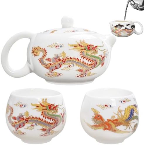 Ceramic Teapot with 2 Cups Dragon and Phoenix Color Changing Chinese Teapot with Handle and Infuser 230ml Wide Mouth Traditional Kung Fu Tea Pot Tea Chinese