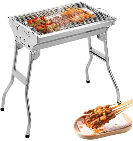 Portable Charcoal BBQ Grill with Stand, Stainless Steel Folding Camping Stove, Multi-Function Barbecue Rack with Storage Basket for Outdoor Camping Picnic Garden