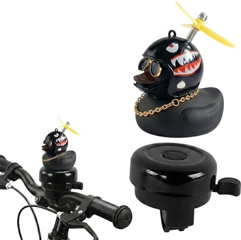 2er Set Fahrradklingel Lustig: Schwarze Ente mit Helm & Propeller + Klassische Klingel Laut, Fahrradhupe für Kinder & Erwachsene, Fahrrad Zubehör Deko für E-Scooter, Roller, MTB, Schwarz