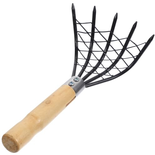 Generic Rastrello in Acciaio Inossidabile Rinforzo Doppia Rivettatura per Scavo Vongole con Manico in Legno Nero Strumento Robusto per Scavare Frutti di Mare sulla Spiaggia