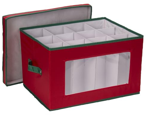 Household Essentials Holiday Stemware Storage Box, Windowed Storage with Lid, 12 Storage Compartments, Double Handles, Perfect for Storing Special Occasion Glassware, Red with Green Trim
