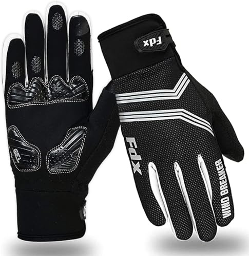 FDX Full Finger Winter Cycling Gloves, Breathable, Water Resistant, Windproof, Anti- Shocking Gel Padded Palms, Touchscreen, Anti-Slip Warm Thermal Men Women MTB, Racing, Riding, Running (White L)