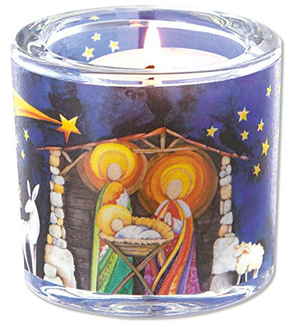 Butzon & Bercker Windlicht Weihnachten Krippe - Christlicher Teelichthalter | Mundgeblasenes Glas - Inkl. Teelicht & Geschenkverpackung - Deko-Unikat für den Advent - Motiv Geburt Jesu - 1 Stück