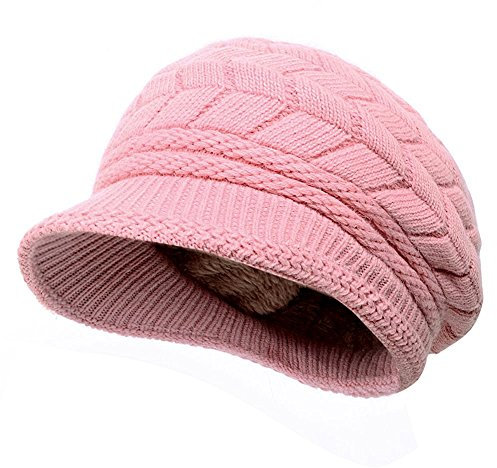 Kuyou Winter Strick Pelzmütze Barett Damen Schirmmütze Kappe Hut (Mode Rosa)