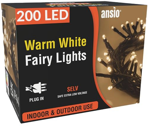ANSIO® Christmas Lights 200 LED 20m/65ft Christmas Tree Lights for Indoor & Outdoor Warm White Decorations Fairy String Lights for Xmas Garden Bedroom & Party | Mains Powered Green Cable