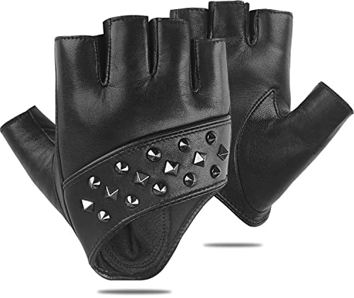 FIORETTO Womens Fingerless Leather Gloves for Driving Unlined Half Finger Punk Gloves for Motorcycle, Goth Cosplay Costume Black Small