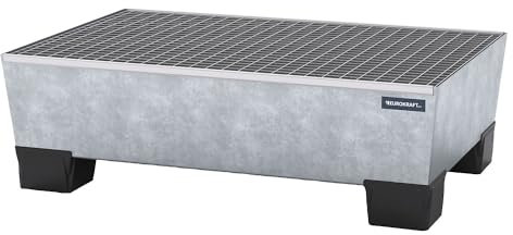 eurokraft | Stahl-Auffangwanne mit Kunststoff-Füßen | LxBxH 1240 x 815 x 360 mm | feuerverzinkt | mit Gitterrost