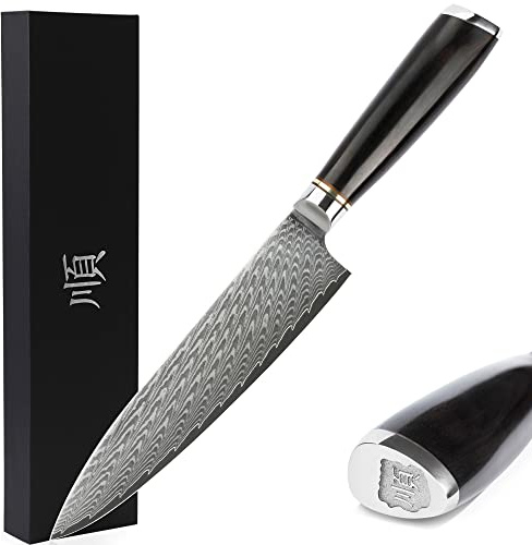 Sunlong Couteaux de chef 8 pouces Gyuto japonais Damas acier naturel ébène manche en bois