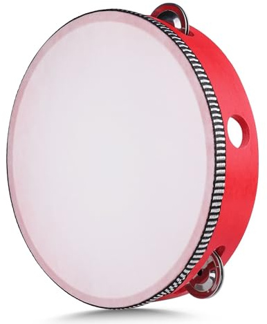 Flexzion Pandereta gallega de una sola fila - 20cm con 4 pares de sonajas, Pandereta profesional de mano, Pandereta infantil de madera para Navidad, niños, adultos, regalo, fiesta y KTV, Rojo