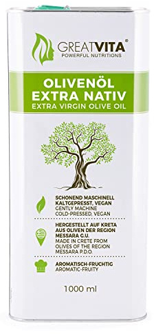 GreatVita Olivenöl extra nativ & kaltgepresst 1 Liter | fruchtiges Oliven Öl mit exquisiten Aromen im Kanister | Premium Qualität