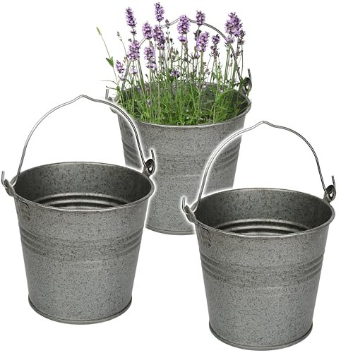 alles-meine.de GmbH 5 Stück kleine - Metalleimer/Blumentöpfe - metallic grau/anthrazit - 15 cm hoch - 2 Liter - Metall rostfrei - Blech Eimer - rund - mit 3-D Effekt Rillen..