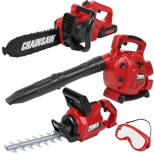 TeganPlay Power Garden Tools Set for Kids Battery Operated Toy Leaf Blower, Hedge Trimmer and Chainsaw Pretend Play for Boys Girls