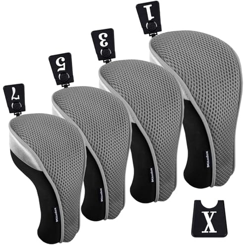 Andux 4pcs/Pack Mesh Golf 460cc Driver Fairway Wood Club Head Covers with Interchangeable No. Tags Gray
