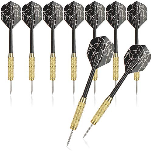COM-FOUR® 9x pilar, bronsade stålpilar, pilar med stålspets, plastaxel och svarta flygningar med blixtar, bra flygegenskaper
