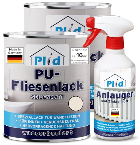 Plid® Fliesenfarbe Badezimmer & Küche [FEUCHTIGKEITSBESTÄNDIG] Fliesenlack Cremeweiß 1,5l fürs Bad - Fliesen neu streichen & lackieren im Innenbereich - 3in1 Fliesen Farbe Lack - Made in Germany Set