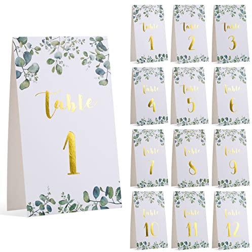 COLOFALLA 12 Stück Tischnummern Hochzeit 1-12 Weiß Gold Eukalyptus Tischkarten Taufe Kommunion Konfirmation Platzkarten goldfoliert Tischdeko aus Papier Nummern Zahlen für Geburtstag Party