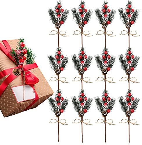 Teahutty 12 Stück künstliche Stechpalmen-Zweige, rote weiße Beeren-Tannenzapfen, 20,3 cm, beflockte Stechpalmen-Weihnachtsbeeren-Stiele für DIY-Weihnachten, Handwerk, Kranz, Dekoration