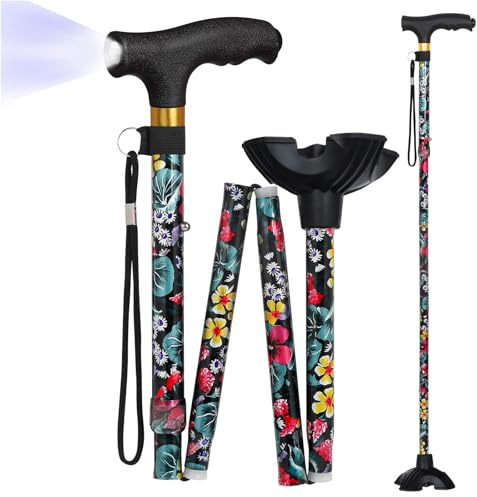 Hedkin Walking Cane with LED Light, Foldable,Adjustable, Self Standing Walking Canes for Men & Women,Walking Sticks with Quad Base for Seniors & Adults