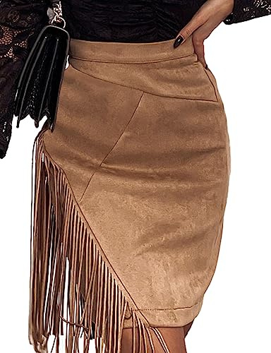 IDEALSANXUN Fringe Suede Skirt for Women 2025 Fall Winter High Waisted Knee Length Western Pencil Tassel Cowgirl Skirts Fringe Dress, Khaki, L