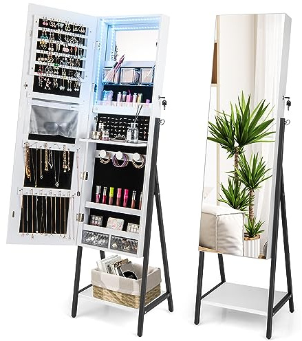 HOMASIS Schmuckschrank mit Ganzkörperspiegel & Regal, Spiegelschrank stehend mit LED-Lichtern in 3 Farben, abschließbar Schmuckorganizer für Kosmetika & Schmucke (Weiß)