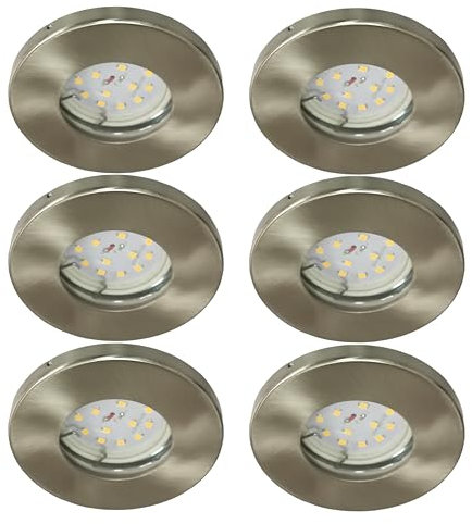 Trango 6er Set IP65 Bad Einbaustrahler 6729IP65-062-5WAK Edelstahl gebürstet inkl. 6x 5 Watt GU10 LED Leuchtmittel 3000K warmweiß Außen Einbauleuchte, Bad Leuchte, Deckenspot Dusche Deckenleuchte