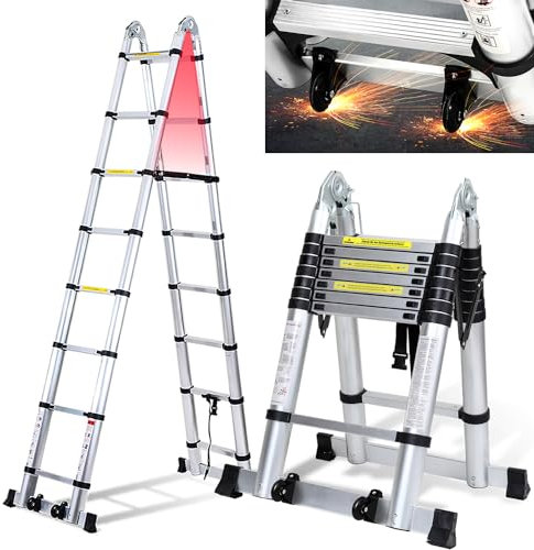 Cecaylie 5M Teleskopleiter Alu-Teleskopleiter Ausziehleiter Klappleiter Teleskop mit Rolle Multifunktionsleiter max 150 kg Belastbarkeit, Silber(2,5M+2,5M)