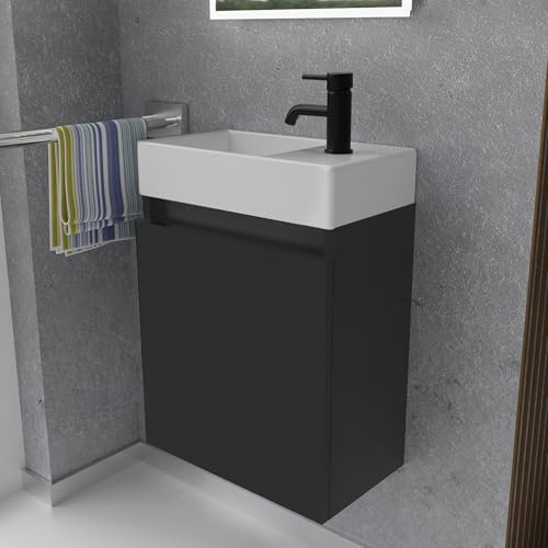 Alpenberger Waschbecken mit Unterschrank 45 cm | Badezimmermöbel Set | Kleines Waschbecken Gäste WC | Waschtisch Set | Unterschrank Bad Waschbeckenunterschrank Schwarz Matt