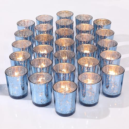 LETINE Lot de 36 Porte Bougie en Verre Mercure Bleu pour Décoration de Mariage et de Fête Prénatale – Idéal pour Bougies Chauffe-Plat – Fête Prénuptiale Bleue et Centres de Table