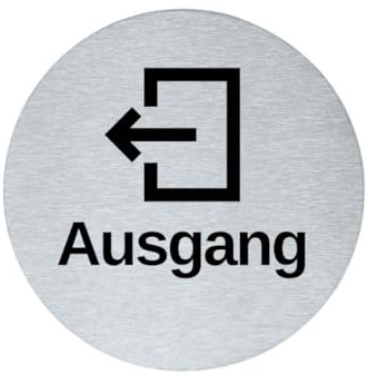 stahl-design-tebart Hinweisschild Piktogramm rund 7,5 cm Edelstahl selbstklebend 3M Klebefläche graviert Edeloptik elegante Beschilderung langlebig AUSGANG LINKS- 7,5x7,5x0,1cm