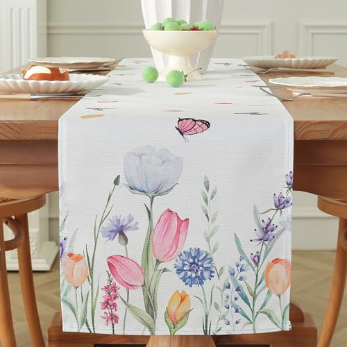 meioro Bunte Blume Tulpe Schmetterling Tischläufer, 30x120cm Saisonale Tischwäsche, Frühling Sommer Hochzeit Tischdecke für Küche Essen Urlaub Party Tischdekoration