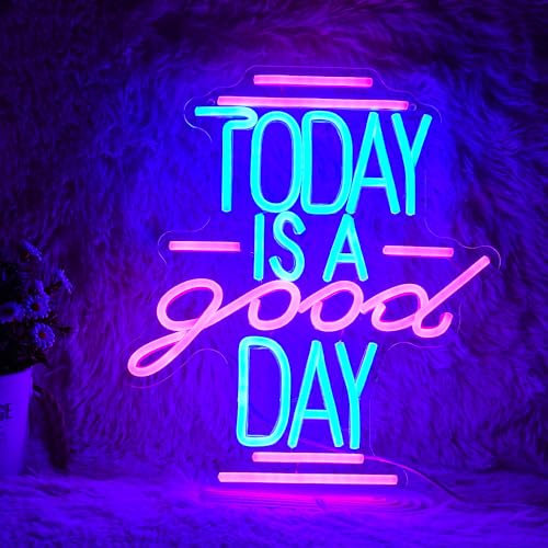 Today Is A Good Day Neon Sign Coffee Cup Milk Neon Light for Wall Decor Dimmable USB Powered 12.4 * 14.2 Inch Led Letter Neon Light Glass Sign for Coffee Shop Wedding Bedroom Party (Blue Pink)