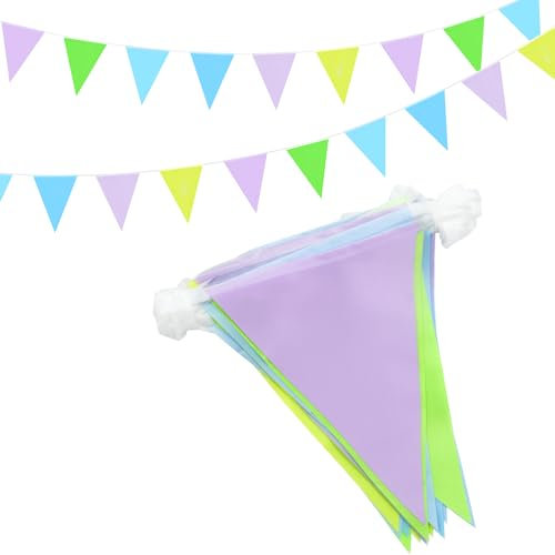 Guirlande de fanions Vert, Violet et Bleu de 20 m, 52 fanions triangulaires en Tissu pour décoration intérieure et extérieure, Anniversaire, Baby Shower, Mariage, Jardin, Maison
